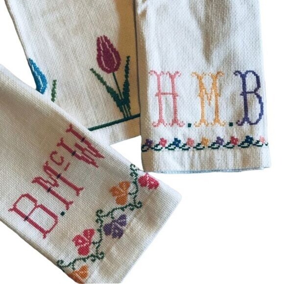 Vintage Embroidered Hand Dish Kitchen Tulips Colorful Tea Towel Set - Picture 2 of 8